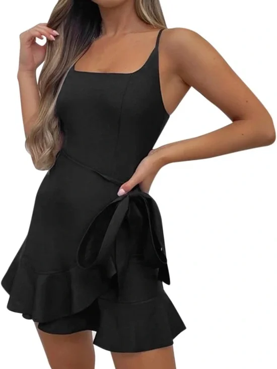 The Impeccable Pig Black Ruffle-Trim Spaghetti Strap Mini Dress - Picture 2 of 6